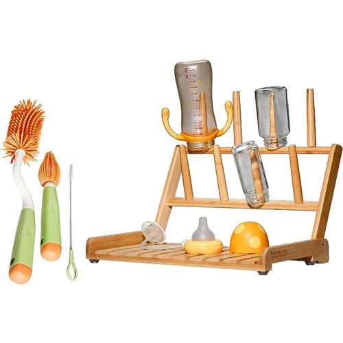 Space Saving Bamboo Drying Rack- Countertop Folding Baby Bottle Drying Rack, Bottle Brush Set, Dish, Cup Organizer- Use as a Travel Baby Bottle Cleaning Kit, Accessories - Beige