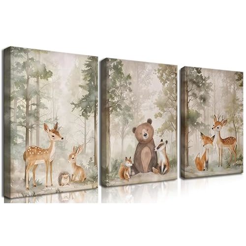 Nursery Canvas Wall Art Set of 3 - Woodland Wild Animals Bear Fox Deer Watercolor Paintings Pictures Wall Decor, Forest Animal Decor for Boys Girls Room Decoration 12x16 inch Framed