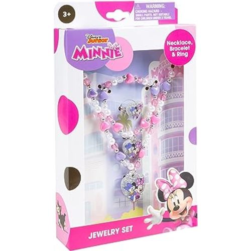 LUV HER Disney Minnie Girls Jewelry Set - Dress up Toy Jewelry Box Sets with Bead Necklace, Bead Bracelet and Ring - Play Accessories - Ages 3+