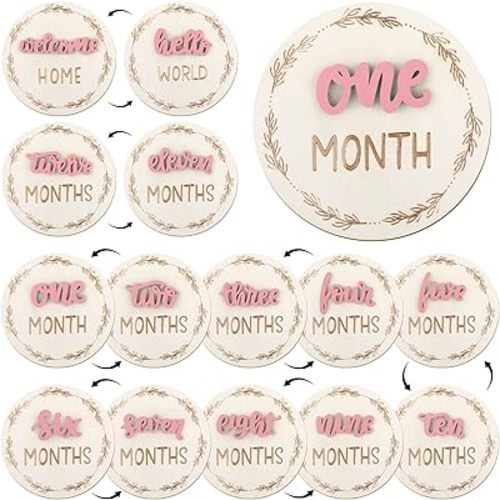 Baby Monthly Milestone Cards, 3D Baby Milestone Signs Pink Monthly Baby Milestone Double Sided Milestone Wooden Circles for Newborn Boy Girl 1-12 Months Baby Milestone Pictures