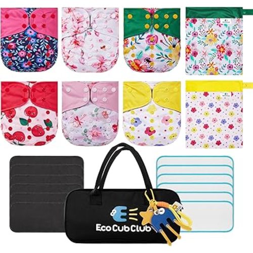 Reusable Washable Cloth Diapers 6pcs for Baby Shower,Leak-Proof Double Gussets Quick-Dry AWJ Lining,12 Soft Fleece Inserts & 2 Wet Bags,Packed in Durable Travel Handbag&Key Chain | G-05-A