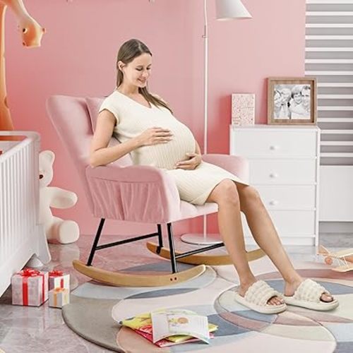 Rocking Chair Fluffy Teddy Fabric Upholstered Glider Rocker High Backrest with Headrest and Lumbar Pillow,Wide Lounge Armchair for Living Room,Bedroom,Nursery,Pink