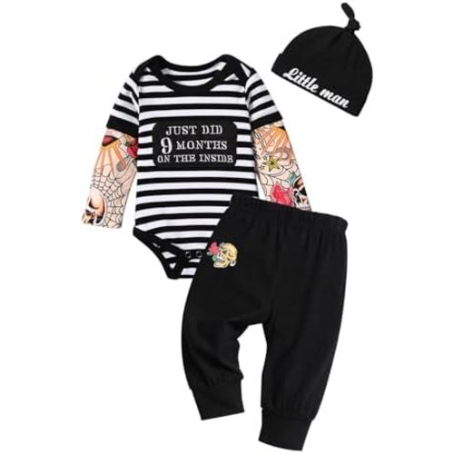 Newborn Baby Boys Clothes Infant Boy Outfits Letter Print Romper Tops Long Pants with Hat 3PCS Set 0-9 Months