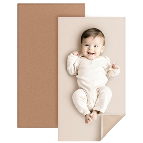 Konssy Faux Leather Baby Changing Mat, Waterproof, Wipeable & Portable Diaper Changing Pad for Travel or Home, Fits Perfectly in Diaper Bag, 30 x 17 inches (Brown,Beige)