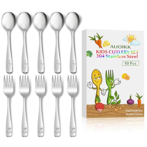 AUOIKK 10-Piece Toddler Flatware, Kids Utensils Stainless Steel Cutlery Set, Children Safe Spoons and Forks with Ergonomic Handle, Easy to use and Dishwasher Safe (Crocodile and Bear)