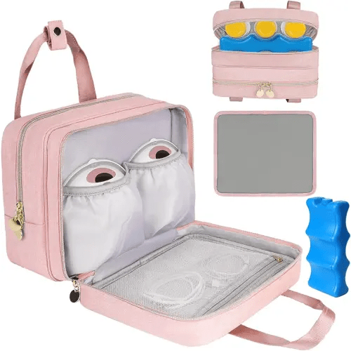 Wearable Breast Pump Bag with Cooler Compartment Compatible with Momcozy M5/S12 Pro, Elvie & Medela Pump in Style, Carrying Case with a Ice Pack & Waterproof Mat for Breast Pump and Accessories,Pink