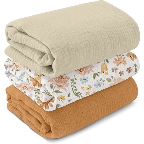 GLLQUEN BABY Muslin Swaddle Blankets,3-Pack Receiving Blanket for Newborn Boys and Girls,Baby Swaddle Blanket Unisex,Pastoral Whispers,Baby Essentials, Registry & Gift, 40 x 38 inches