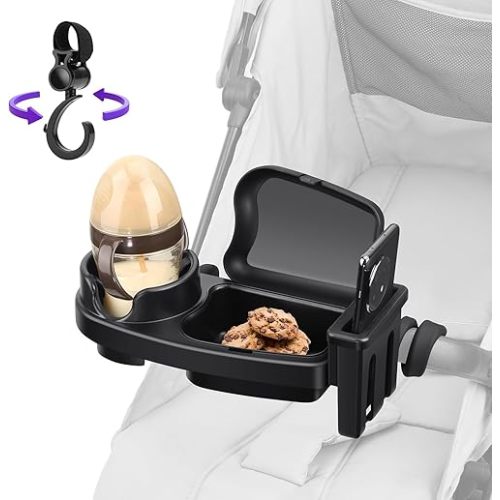 Universal Stroller Snack Tray, 3 in 1 Stroller Cup Holder with Phone Holder and Silicone Flexible Arms Grip, Stroller Tray Attachment Compatible with Uppababy, Baby Jogger, Britax