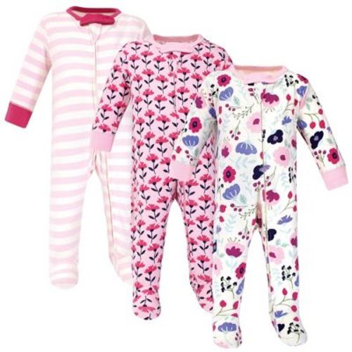 Touched by Nature Baby Girls Organic Cotton Zipper Sleep and Play 3pk, Pink Botanical, 0-3 Months