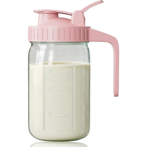 Breast Milk Pitcher 32oz Mason Jar with Wide Mouth and Handle-Pink Glass Pitcher with Flip Cap Lid and Pour Spout Airtight Seal for Cold Beverages