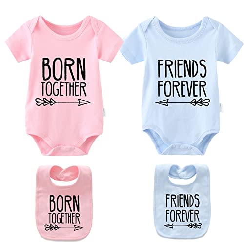 YSCULBUTOL Baby Twins Bodysuits Best Friends Forever Baby Clothes Set with Bibs Girl Outfit with hat