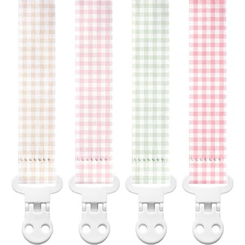 Stadela Baby Fabric Pacifier Clip Holder, Plastic Clip, 4‑Pack, Gingham Pattern, Cottagecore Set