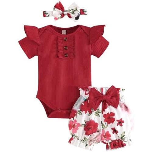 Baby Girl Clothes Newborn Infant Outfit Ruffle Romper and Short Pants Clothing Sets for Summer Spring