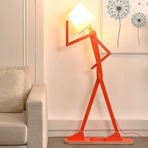 Cool Creative Floor Lamps Wood Tall Decorative Corner Reading Standing Swing Arm Light for Living Room Bedroom Office Farmhouse Kids Gift Idea- with LED Bulb (Oran Orange)