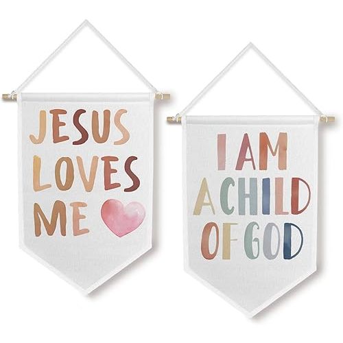 Baby Girls Boys Nursery Decor Set - Jesus Loves Me Christian Canvas Banner, Boho Bible Verse Kids Bookshelf Decor, Toddler Girls Room Decor, 11 X 15 Inch Set of 2