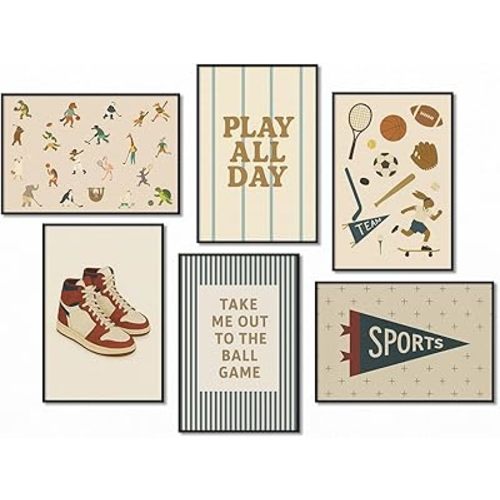 Sports Posters for Boys Bedroom, Boy Nursery Canvas Wall Art, Cute Animal Athletes & Sports Equipment Pictures, Charming Quotes Take Me Out To The Ball Game Play All Day Print 8x12in Unframed
