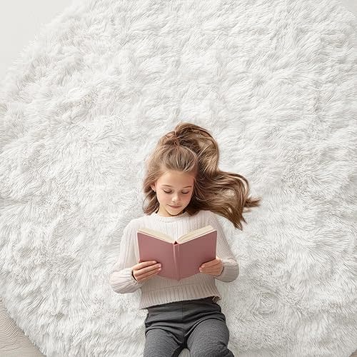 OLANLY Ivory Round Rugs for Bedroom - Machine Washable, 6x6 Feet Circle Area Rugs for Living Room, Soft and Fluffy Shaggy Carpet for Teen Girls and Boys, Dorms, Nursery Rooms, Home Decor Aesthetic