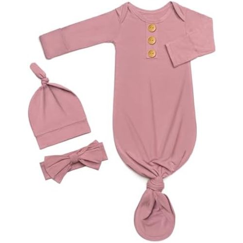 Soft Newborn Knotted Gown with Hairband and Hat, Baby Boy Girl Coming Home Outfit, Sleeper Baby Sleep Gown with Mittens