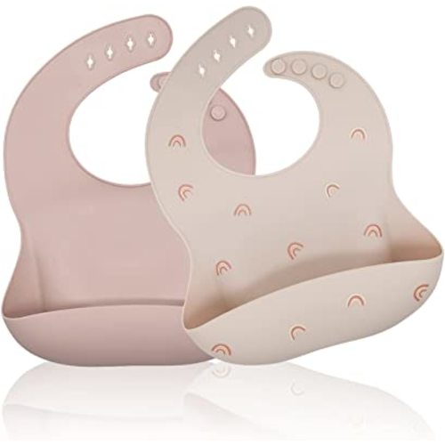Silicone Bibs for Babies & Toddlers, Soft Waterproof Bibs with Food Catcher Pocket, Adjustable Baby Feeding Bibs 2 PCS