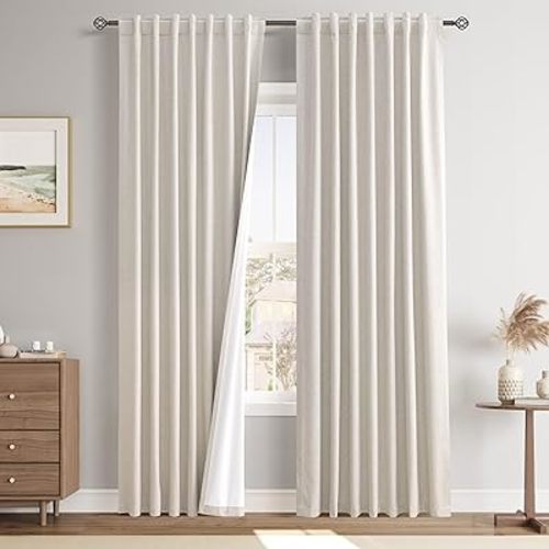 Joywell Linen Beige Full Blackout Curtains 96 Inch Long 2 Panels Set for Bedroom Living Room Nursery,Back Tab Rod Pocket Room Darkening Thermal Insulated Black Out Window Drapes,52x96 Inches