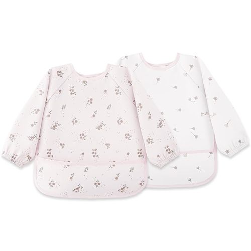 Susurration Long Sleeve Bibs for Babies 2 Pack, Baby Eating Smock Waterproof Baby Bibs for Babies & Toddlers, 6-36 Months Newborn Baby Essentials - Pink Flower