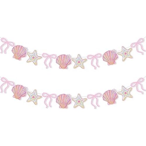 Oudain 2 Pack Pink Bow Seashell Garland for Girl 6.56 ft Pink Mermaid Seashell Party Coquette Ocean Coastal Beach Under The Sea Paper Bow Hanging Banner for Baby Shower Wedding Summer Birthday
