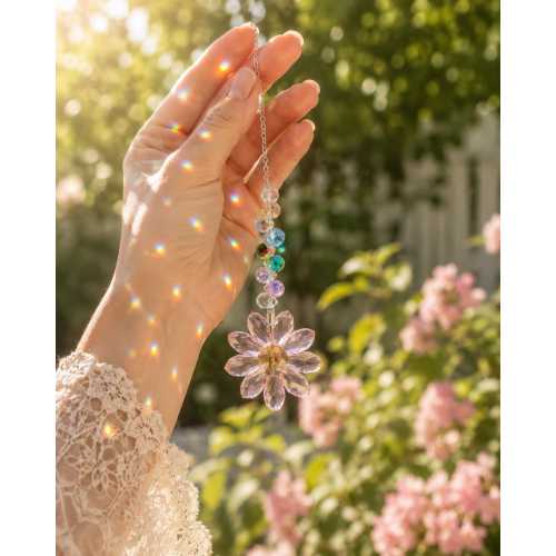 Crystal Flower Suncatcher Rainbow Maker, Hanging Crystal Window Sun Catcher, Prism Light Catcher Decor, Car Rearview Mirror Charm, Boho Gift