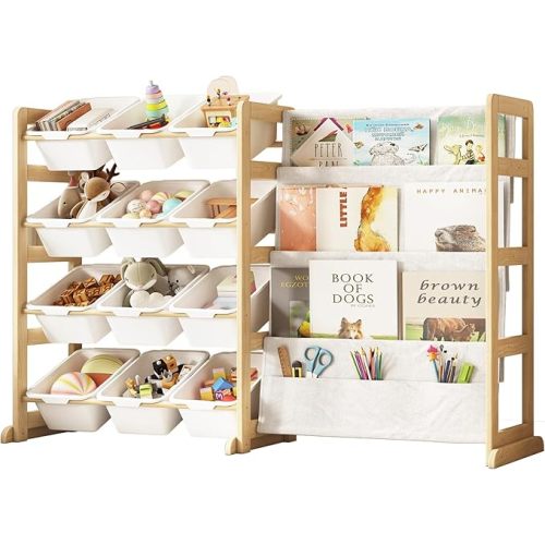 EXPERLAM Toy Storage Organizer with Bookshelf - 12 Storage Bins 4-Tier Multipurpose Shelf to Organize Toys and Books for Kids Room, Playroom, Nursery Room, White