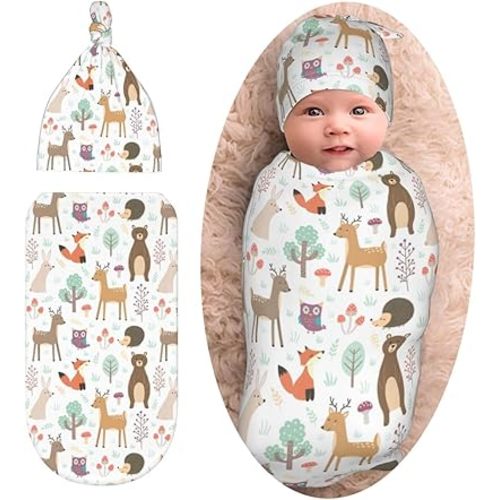 Cute Animals Deer Swaddle Blanket with Beanie Set, Woodland Theme Baby Stuff Newborn Blanket Swaddle Sack for Girls Boys