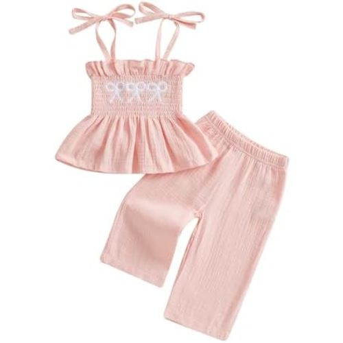Toddler Baby Girl Clothes Tie-Up Strap Ruffle Camisole Tops Linen Pants Set Little Girls Summer Outfits