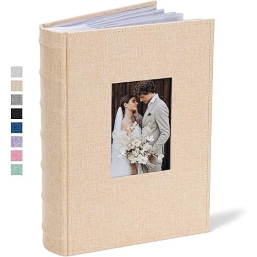 Vienrose Photo Album 4x6 300 Photos Linen Frame Cover with Memo Areas Photobook Large Capacity Slip-in Pictures Book for Wedding Baby Vacation, Khaki