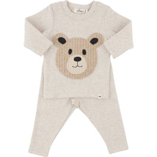 Teddy Bear Face Applique Long Sleeve Two Piece Set, 0-3M