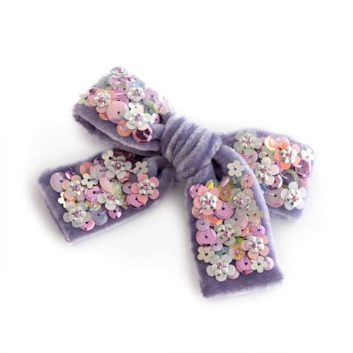 Velvet Sequin Bow in Lavender - Sequin Embellished Hair Bow - Available as Headband or Hair Clip