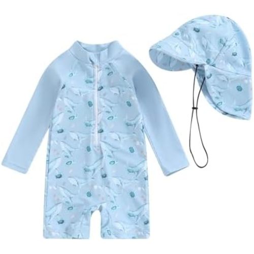Toddler Infant Baby Boys Swimsuit Kids Rash Guard One Piece Newborn Zipper Bathing Suit Swimwear with Hat