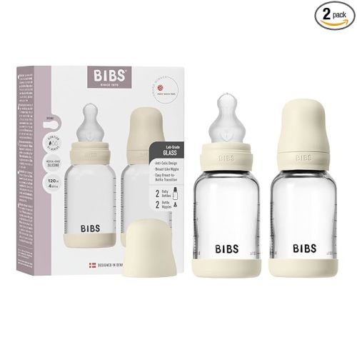 BIBS Glass Baby Bottles 2-Pack, 4 Oz. Anti-Colic System for Gas Reduction. Vented Round Silicone Nipple. Supports Infant and Newborn Breastfeeding - 120 ml (Pack of 2), Ivory