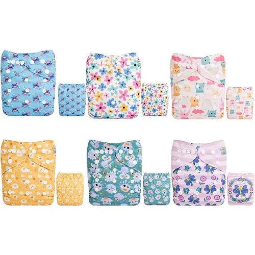ALVABABY Baby Cloth Diapers 6 Pack with 12 Inserts One Size Adjustable Washable Reusable for Baby Girls and Boys 6DM79
