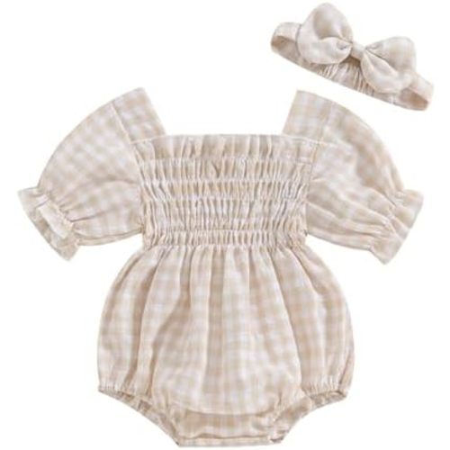 Infant Baby Girls Romper Ruffle Sleeve Pleated Smocked Bubble Plaid One Piece Ruched Jumpsuit Summer Bodysuit