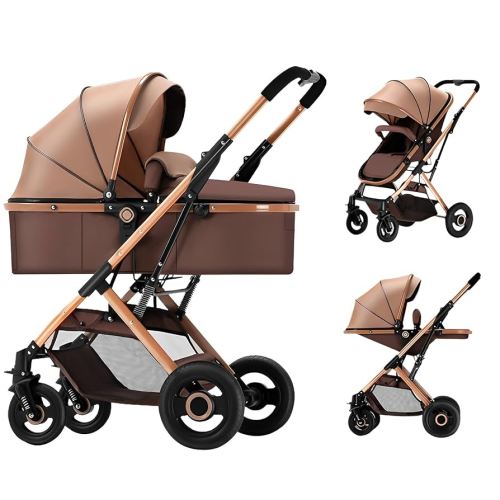 2 in 1 Convertible Baby Stroller Newborn Reversible Bassinet Pram, Foldable Pushchair with Adjustable Canopy Folding High Landscape Infant Carriage, Anti-Shock Toddler Pushchair