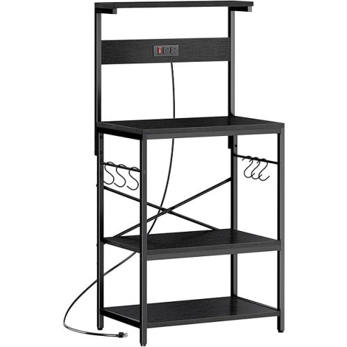 SUPERJARE Kitchen Bakers Rack with Power Outlet, Coffee Bar Table 4 Tiers, Kitchen Microwave Stand with 6 S-shaped Hooks, Storage Shelf Rack for Spices, Pots and Pans - Black