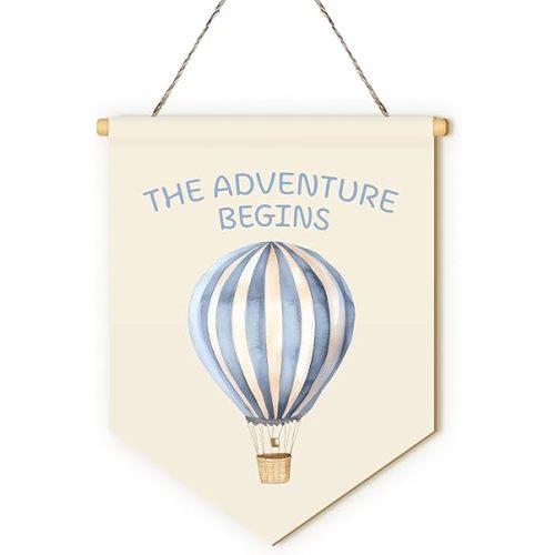 MOTERMATE Hot Air Balloon Nursery Sign Decor, Baby Boy Girl Toddler Room Front Door Wall Hanging Decor Decorations for Boys Girls Bedroom Nursery Playroom, The Adventure Begins Sings, 8x10 Inch