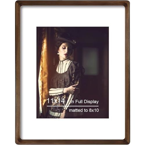11x14 Picture Frame Natural Walnut Wood with Mat for 8x10, Original Natural Solid Wood 11 by 14 Photo Frames with Tempered Glass Cover for Wall and Tabletop Display