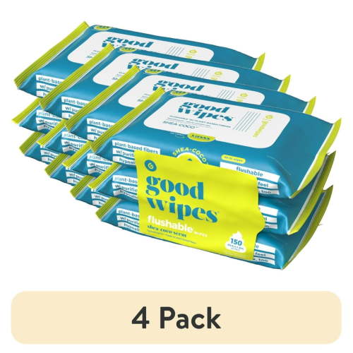 (4 pack) Goodwipes Flushable Butt Wipes Safe for Sensitive Skin, Shea-Coco Scented, 3 Pack, 150 Total Wipes