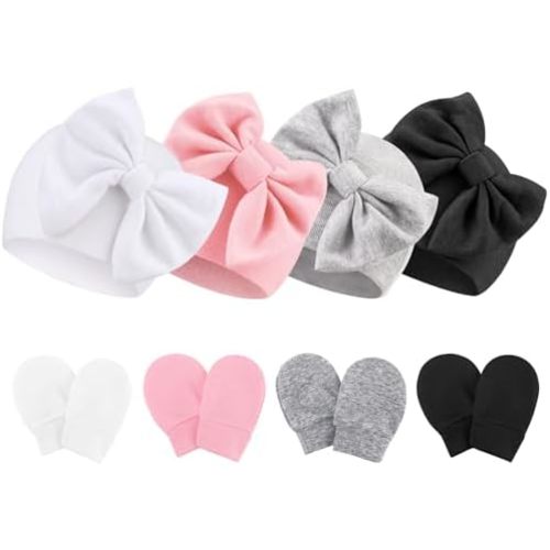 Baby Hats and Mittens Set Toddler Bow Beanie Infant Cap Newborn Hospital Hats for Baby Boys Girls Essentials 0-6 Months