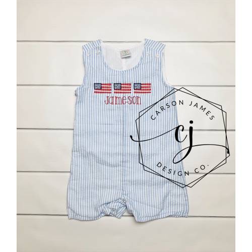 Monogram Romper Shortall for Baby Toddler Boys July 4th outfit Patriotic overalls
