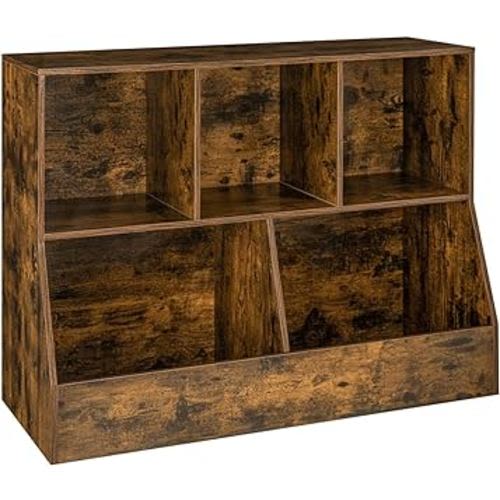 DINZI LVJ 5-Shelf Bookshelf, Rustic Brown Toy Storage Organizer with 2 Bins, Kids Bookcase for Playroom, Bedroom, Nursery, Hallway, School, 39.4" Long