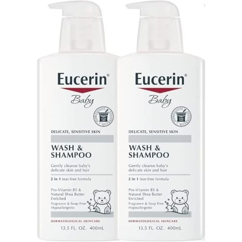 Eucerin Baby Wash & Shampoo - 2 in 1 Tear Free Formula, Hypoallergenic & Fragrance Free, Nourish and Soothe Sensitive Skin - 13.5 Fl Oz (Pack of 2)