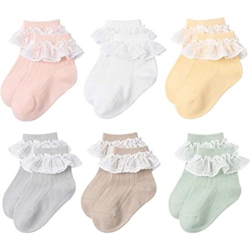 6 Pairs Baby Girls Socks Newborn Ruffle Lace Socks Princess Frilly Knit Cotton Socks