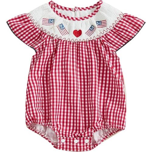 MoZiKQin Baby Girl 4th of July Outfit Embroidered American Flag Plaid Bubble Romper Smocked Bodysuit Cute Summer Clothes