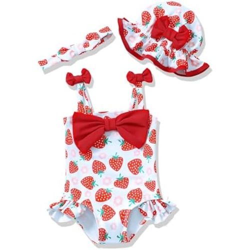 Renotemy Baby Girl Swimsuit Infant Bathing Suit Swimwear Sleeveless Bikini Tankini Toddler Girl One-Piece Swimsuit with Hat