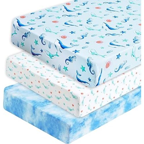 PHF 3 Pack Soft Whale Crib Sheets Fitted, Silky Comfy Breathable Baby Sheets for Boys Girls Neutral, 28x52 Inches Fits Standard Crib and Toddler Mattresses, Whale